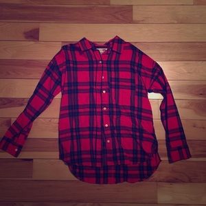 Navy and red plaid long sleeve shirt